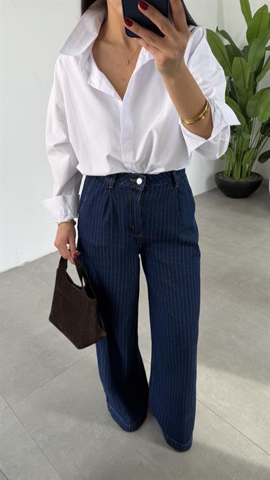 Lacivert Tek Pileli Çizgili Denim Pantolon