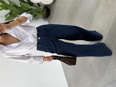 Lacivert Tek Pileli Çizgili Denim Pantolon