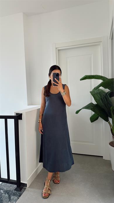 Lacivert U Yaka Modal Kumaş Elbise