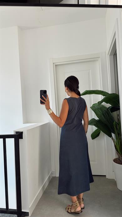 Lacivert U Yaka Modal Kumaş Elbise