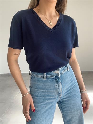 Lacivert V Yaka Kısa Kol Triko