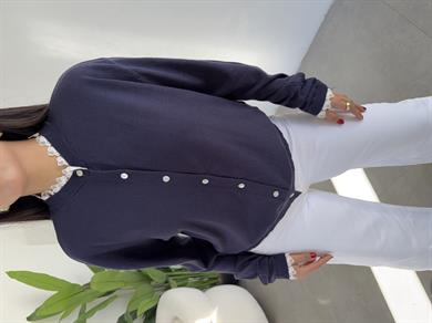 Lacivert Yakası Ve Kolları Dantelli Hırka