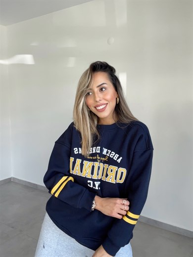 Lacivert Yazılı İçi Şardonlu Sweatshirt