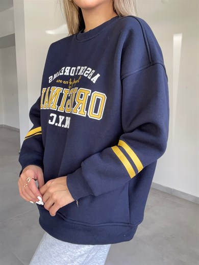 Lacivert Yazılı İçi Şardonlu Sweatshirt