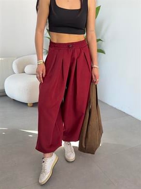 Ledia Bordo Dabıl Pileli Paçası Lastikli Pantolon