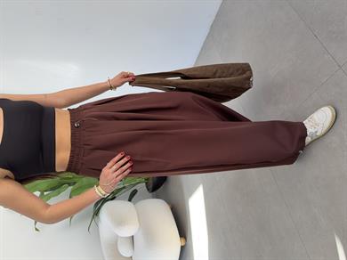 Ledia Kahve Dabıl Pileli Paçası Lastikli Pantolon