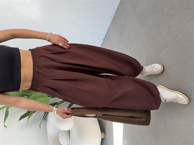 Ledia Kahve Dabıl Pileli Paçası Lastikli Pantolon