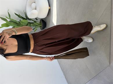 Ledia Kahve Dabıl Pileli Paçası Lastikli Pantolon