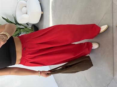 Ledia Kırmızı Dabıl Pileli Paçası Lastikli Pantolon