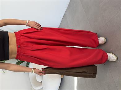 Ledia Kırmızı Dabıl Pileli Paçası Lastikli Pantolon