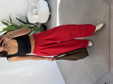 Ledia Kırmızı Dabıl Pileli Paçası Lastikli Pantolon