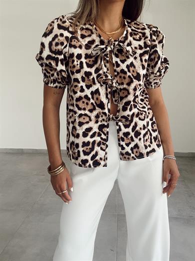 Leopar Balon Kol Önü Bağlamalı Bluz