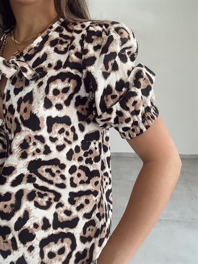 Leopar Balon Kol Önü Bağlamalı Bluz