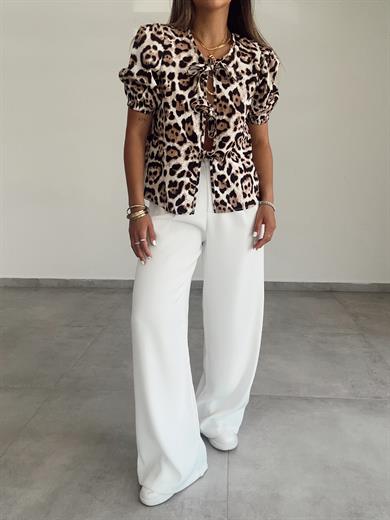 Leopar Balon Kol Önü Bağlamalı Bluz