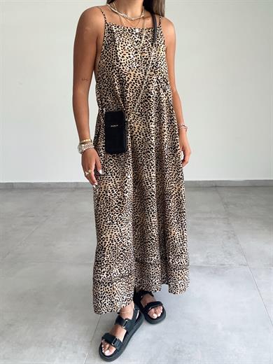 Leopar Desenli Ayarlanabilir Askı Elbise