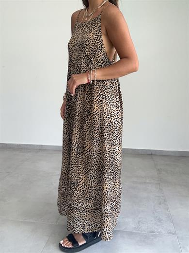Leopar Desenli Ayarlanabilir Askı Elbise