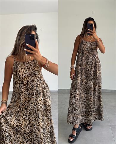 Leopar Desenli Ayarlanabilir Askı Elbise