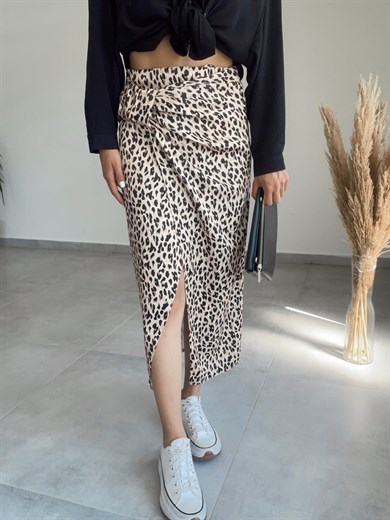 Leopar Desenli Beli Büzgülü Etek