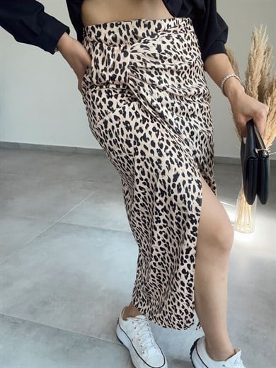 Leopar Desenli Beli Büzgülü Etek