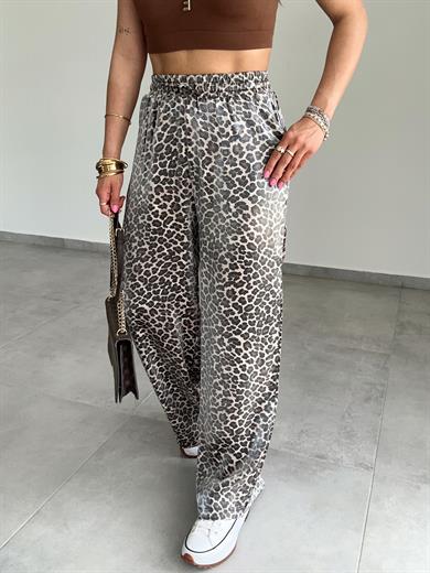 Leopar Desenli Beli Lastikli Pantolon