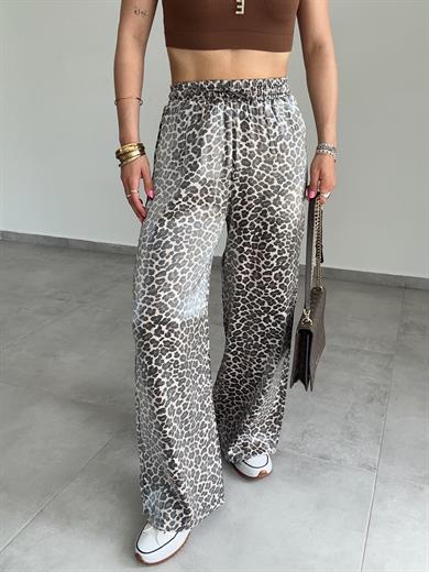 Leopar Desenli Beli Lastikli Pantolon