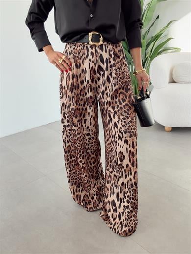 Leopar Saten Kemerli Palazzo Pantolon