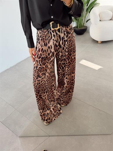 Leopar Saten Kemerli Palazzo Pantolon