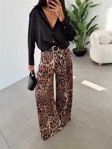 Leopar Saten Kemerli Palazzo Pantolon