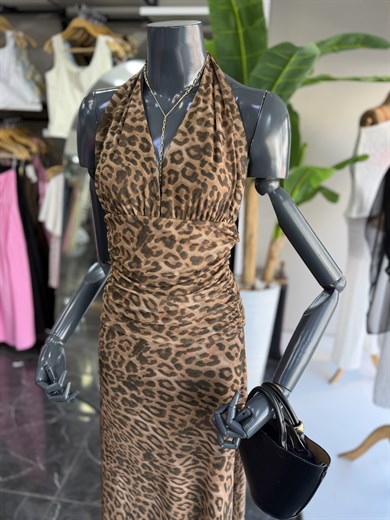 Leopar Tül Boyundan Geçmeli Elbise