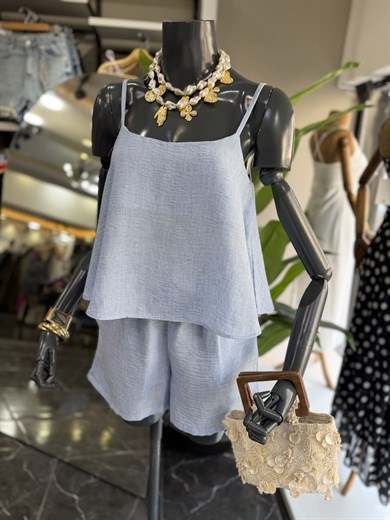 Levure Mavi Askılı Crop Bluz