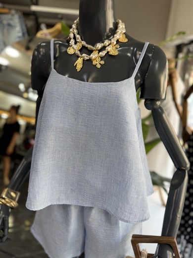 Levure Mavi Askılı Crop Bluz