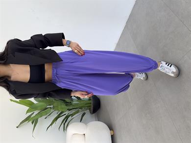 Lila Likralı Kemerli Şalvar Pantolon