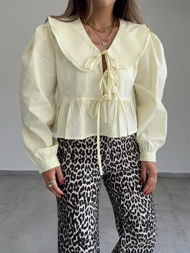 Limon Sarısı Bebe Yaka Bağlamalı Gömlek