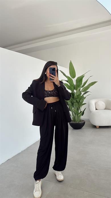 Liya Siyah Modal Kumaş Tasarım Şalvar