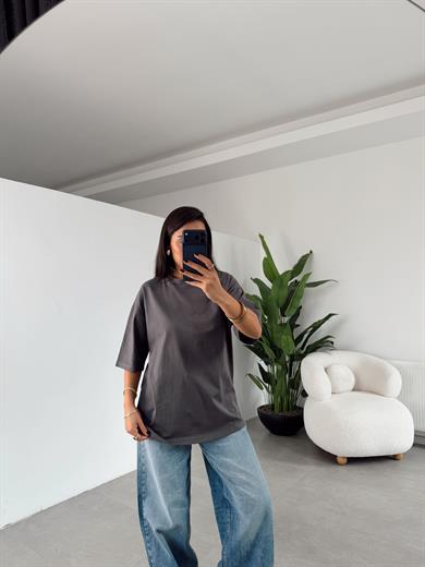 M-D Antrasit Bisiklet Yaka Oversize Tshirt