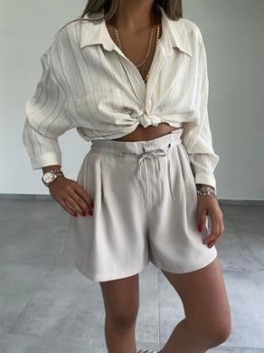 M-D Bej Beli Büzgülü Şort