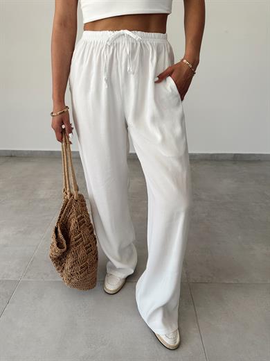 M-D Beyaz Tensel İnce Kemerli Pantolon