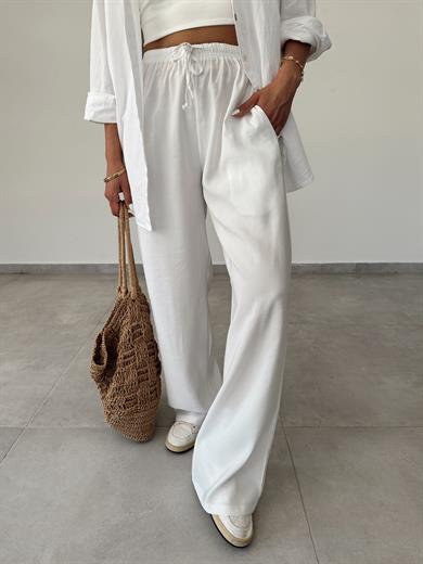 M-D Beyaz Tensel İnce Kemerli Pantolon