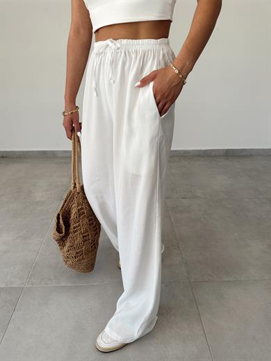 M-D Beyaz Tensel İnce Kemerli Pantolon