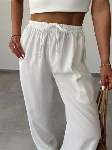 M-D Beyaz Tensel İnce Kemerli Pantolon