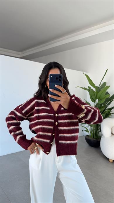 M-D Bordo-Beyaz Çizgili Triko Hırka