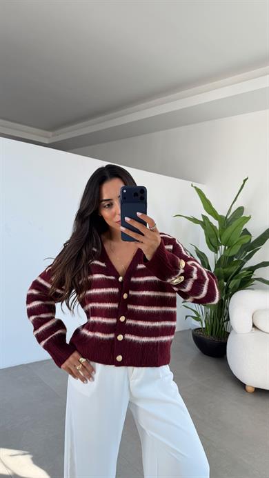 M-D Bordo-Beyaz Çizgili Triko Hırka