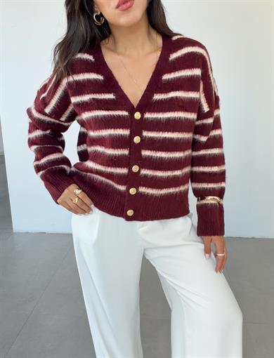 M-D Bordo-Beyaz Çizgili Triko Hırka