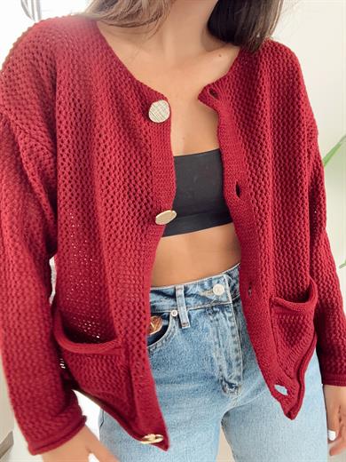 M-D Bordo Gold Düğmeli Hırka