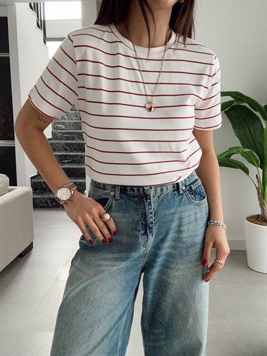 M-D Ekru-Kırmızı Çizgili Basic Tişört