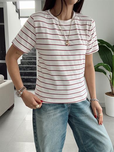 M-D Ekru-Kırmızı Çizgili Basic Tişört