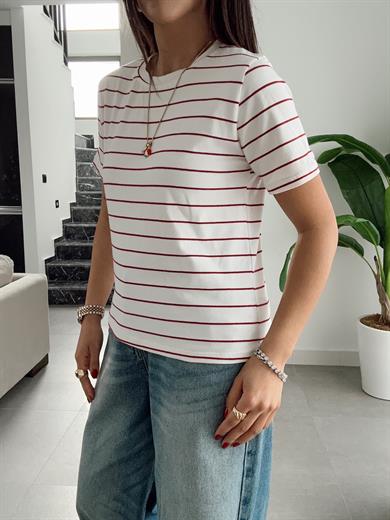 M-D Ekru-Kırmızı Çizgili Basic Tişört