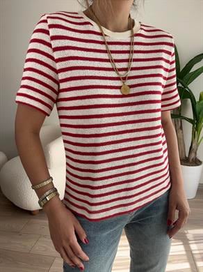 M-D Ekru-Kırmızı Çizgili Tişört