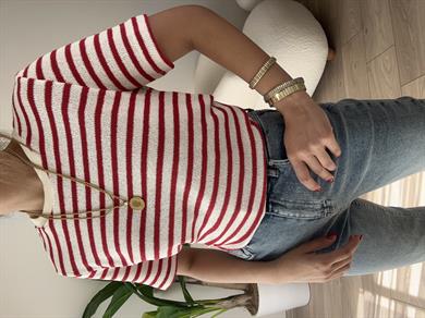 M-D Ekru-Kırmızı Çizgili Tişört