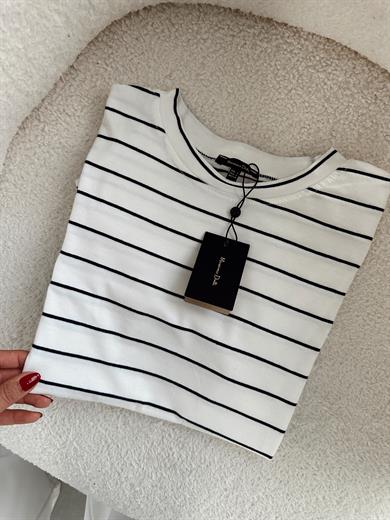M-D Ekru-Lacivert Çizgili Basic Tişört